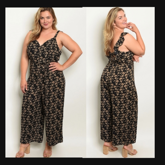 Pants - Black & Tan Print Plus Size Jumpsuit